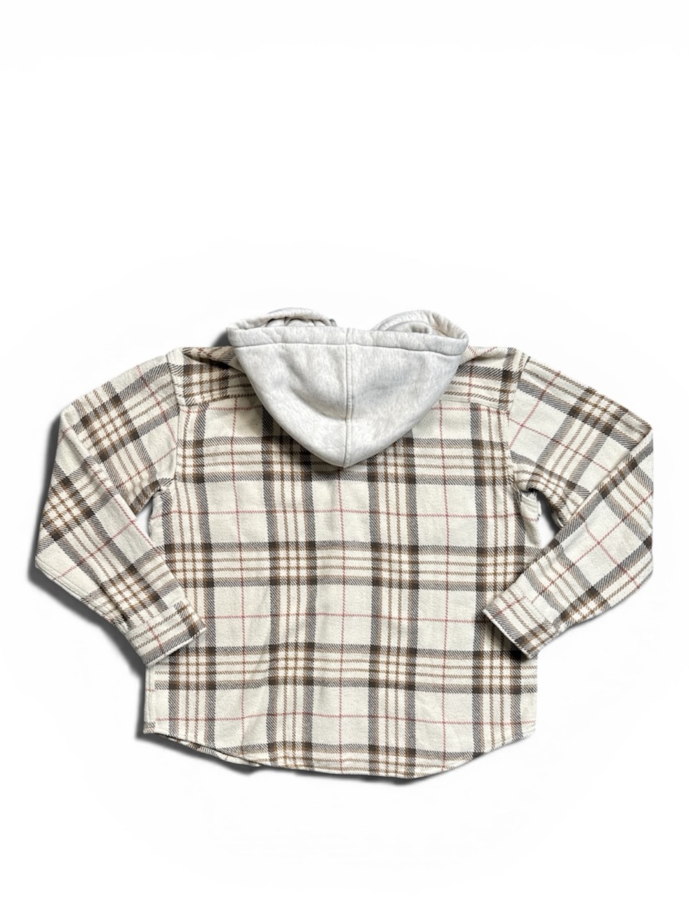 AMERICAN EAGLE HOODED FLANNEL SHIRT FROSTY CREAM PLAID BAJA BUTTON UP SHACKET - Picture 10 of 13